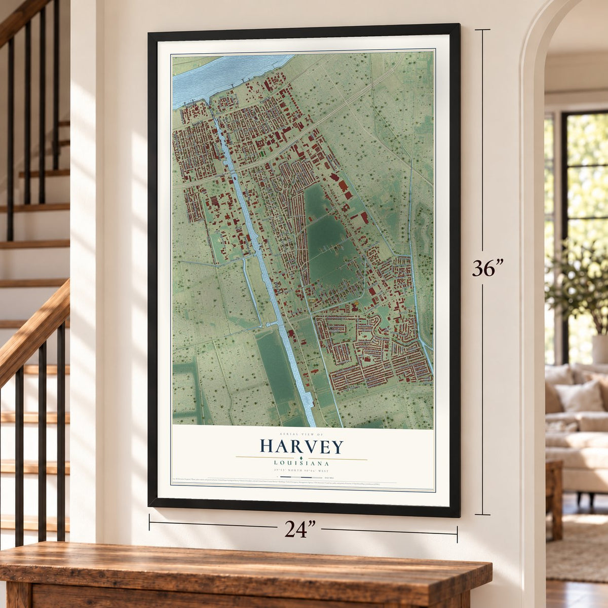 Harvey, Louisiana map, 24 x 36 inch print in a black frame by a staircase