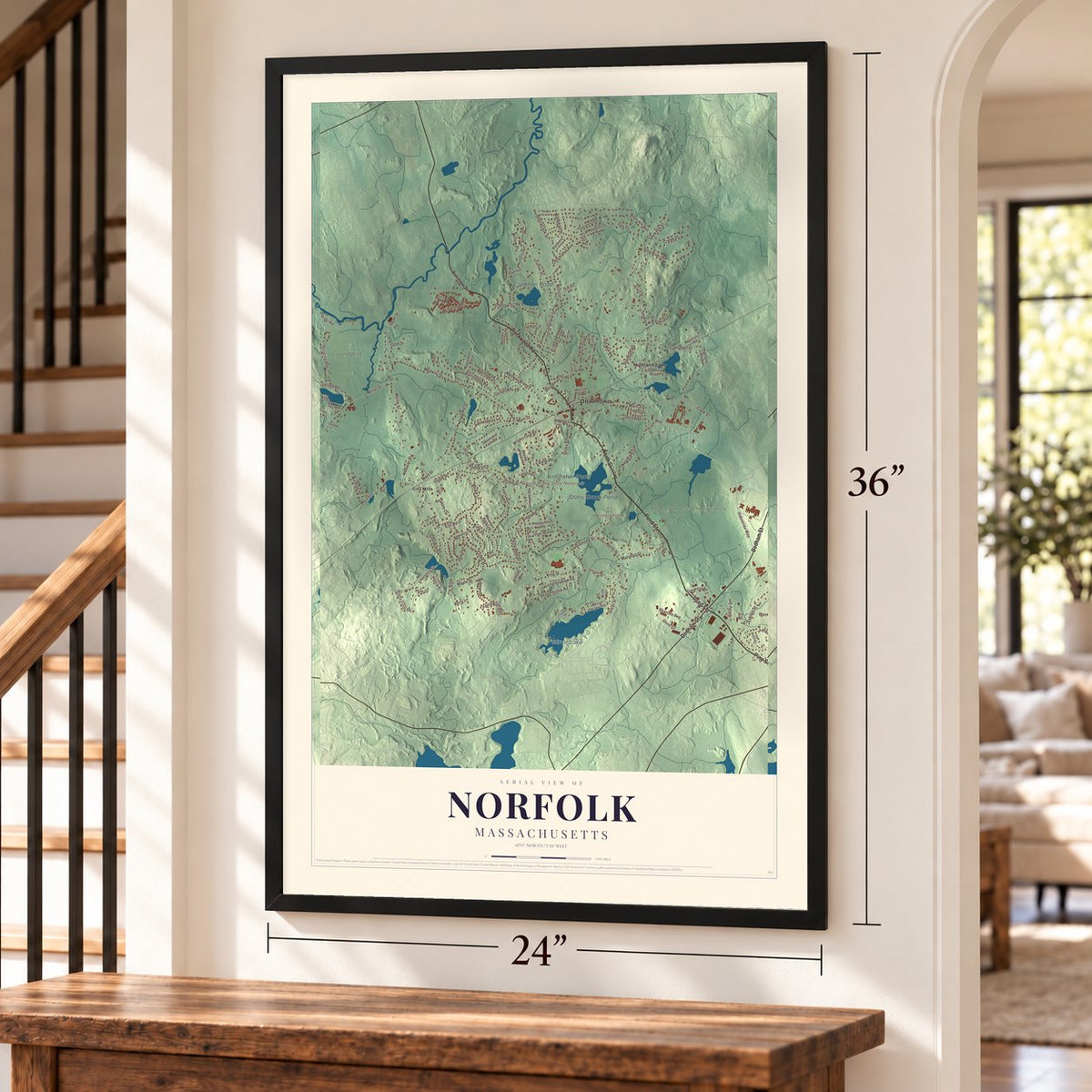 Norfolk, Massachusetts map, 24 x 36 inch print in a black frame by a staircase