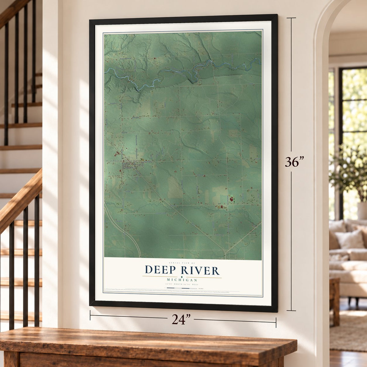 Deep River, Michigan map, 24 x 36 inch print in a black frame by a staircase