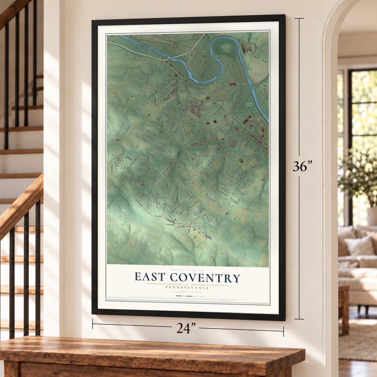 East Coventry, Pennsylvania map, 24 x 36 inch print in a black frame by a staircase