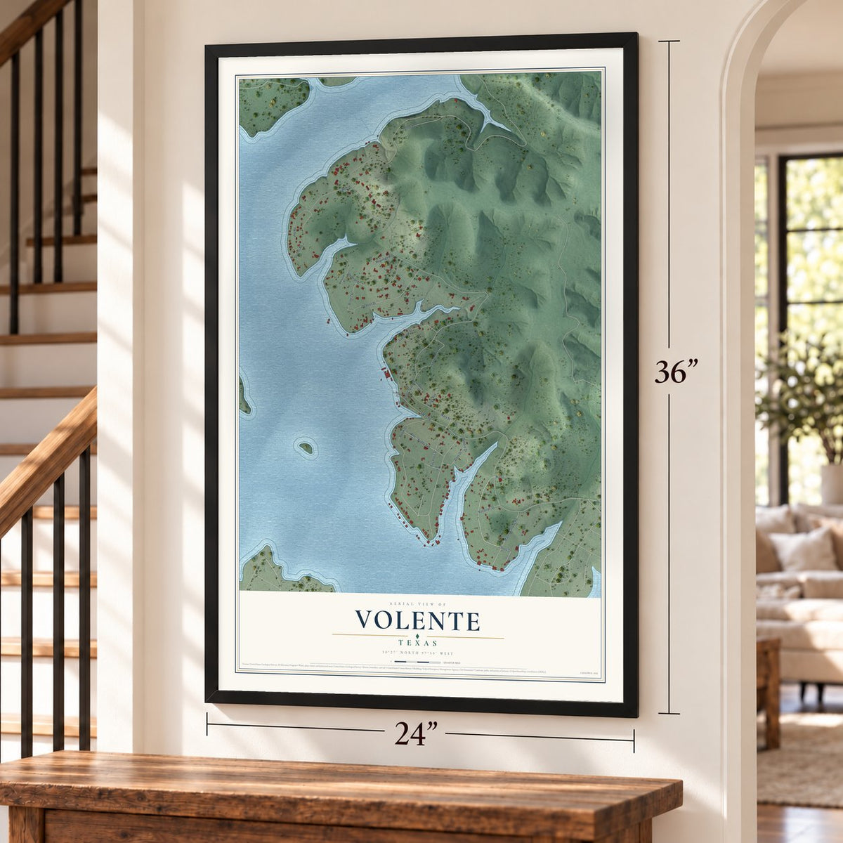 Volente, Texas map, 24 x 36 inch print in a black frame by a staircase