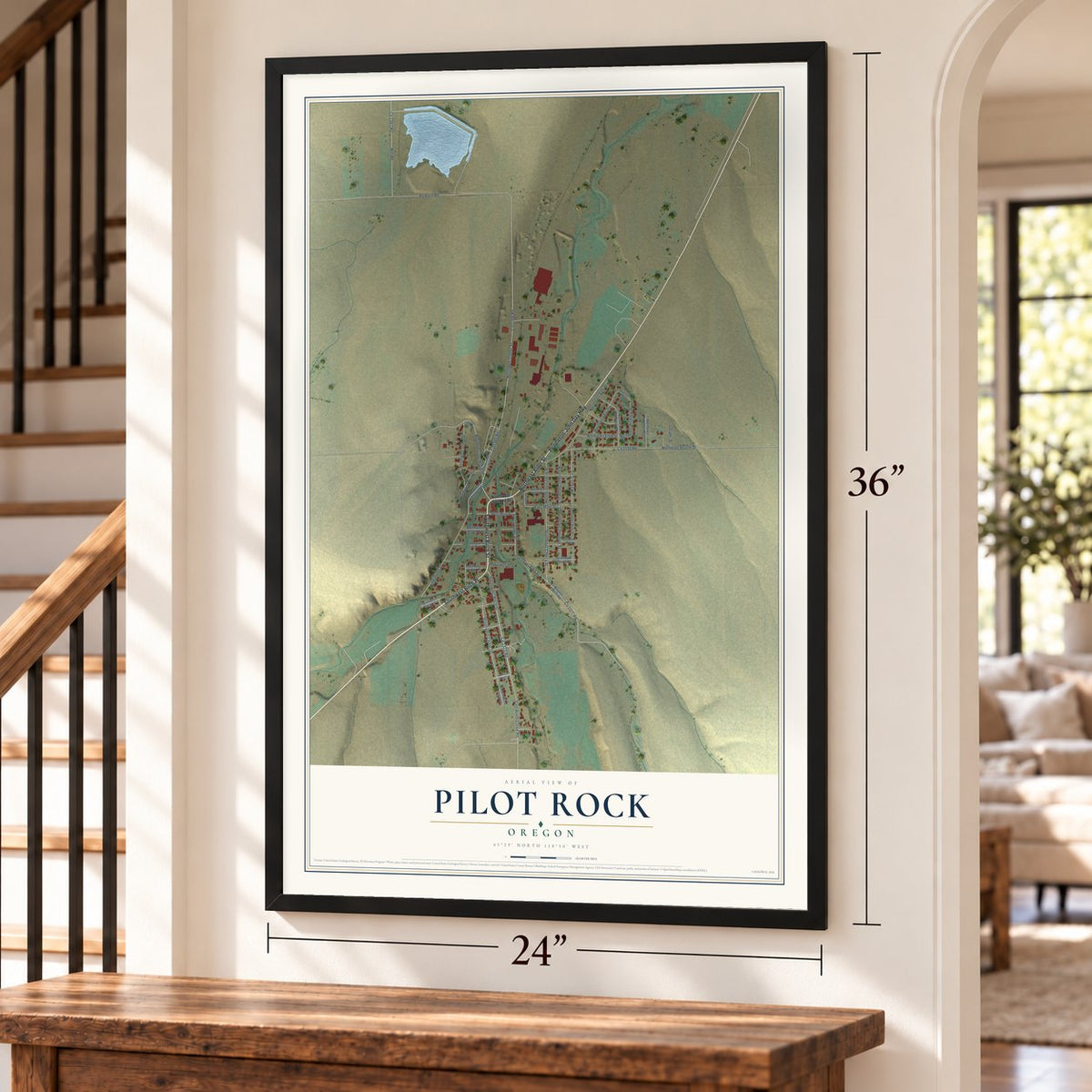Pilot Rock, Oregon map, 24 x 36 inch print in a black frame by a staircase