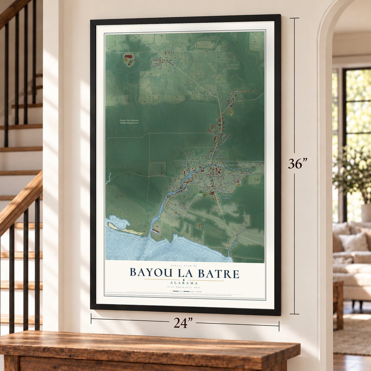 Bayou La Batre, Alabama map, 24 x 36 inch print in a black frame by a staircase