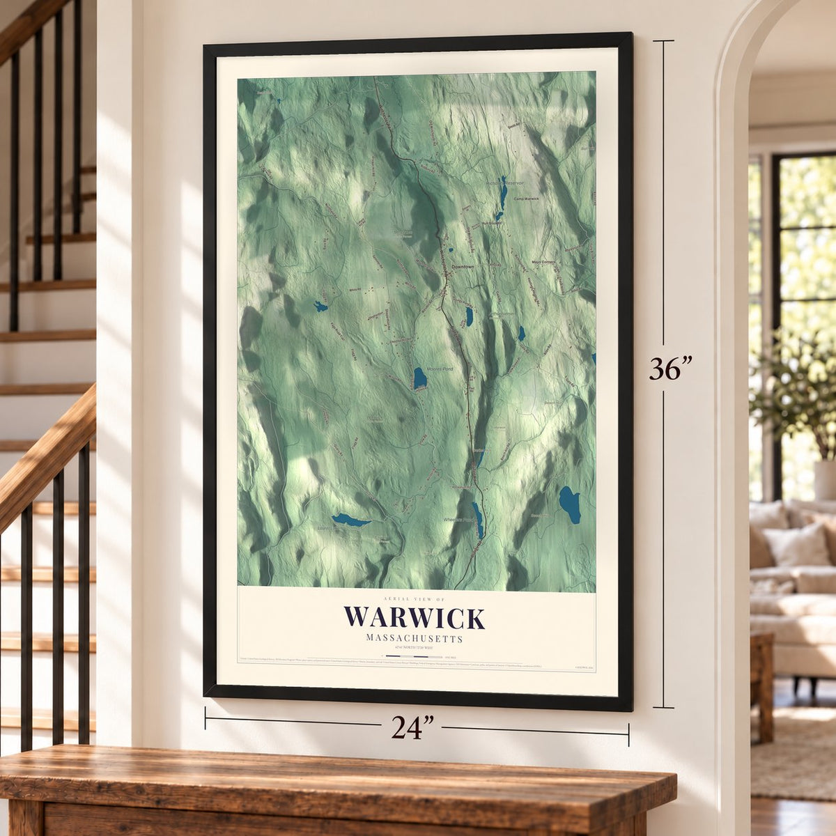 Warwick, Massachusetts map, 24 x 36 inch print in a black frame by a staircase