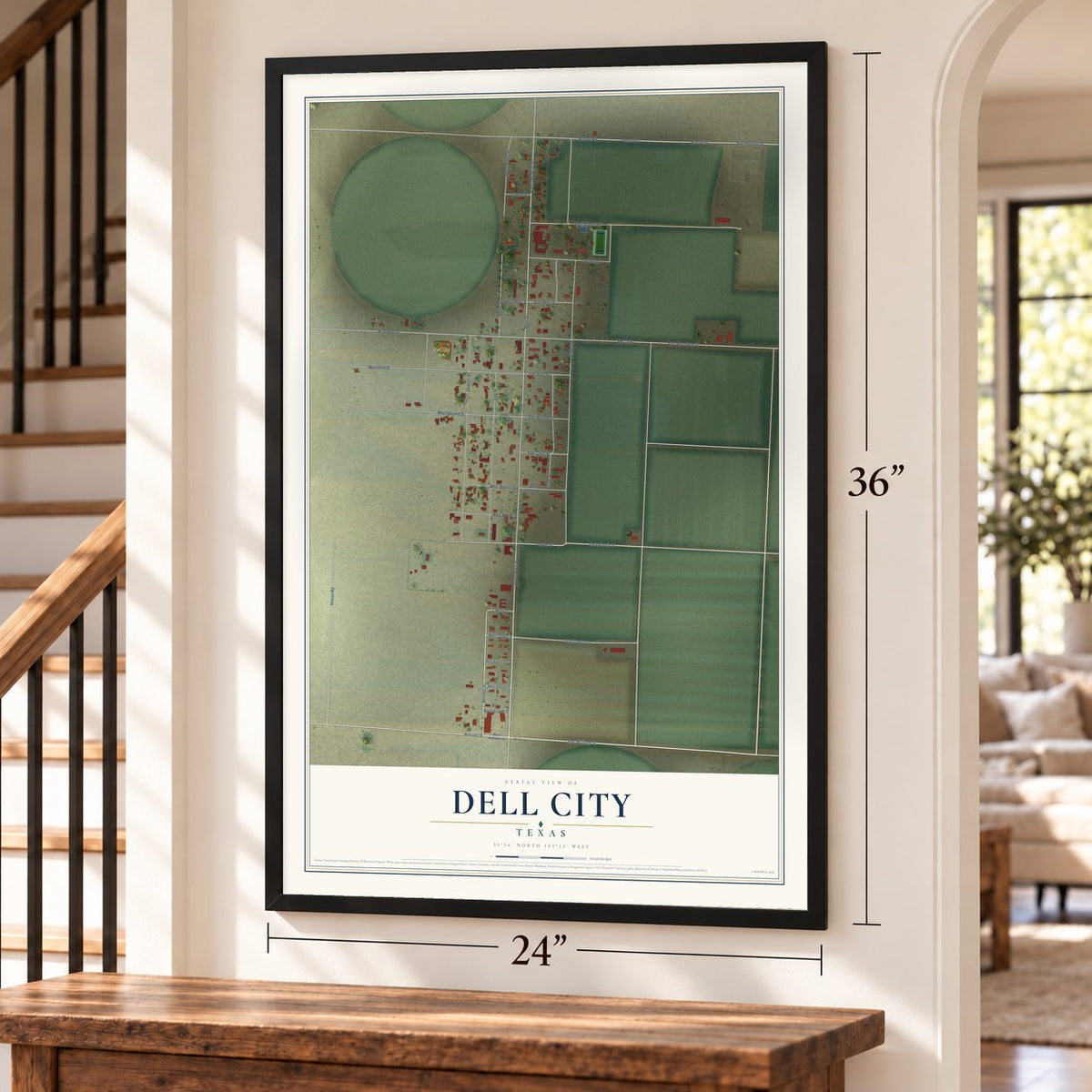 Dell City, Texas map, 24 x 36 inch print in a black frame by a staircase