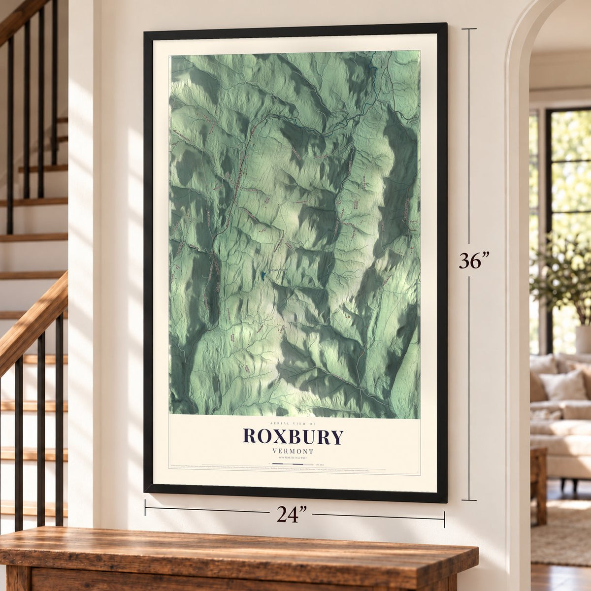 Roxbury, Vermont map, 24 x 36 inch print in a black frame by a staircase