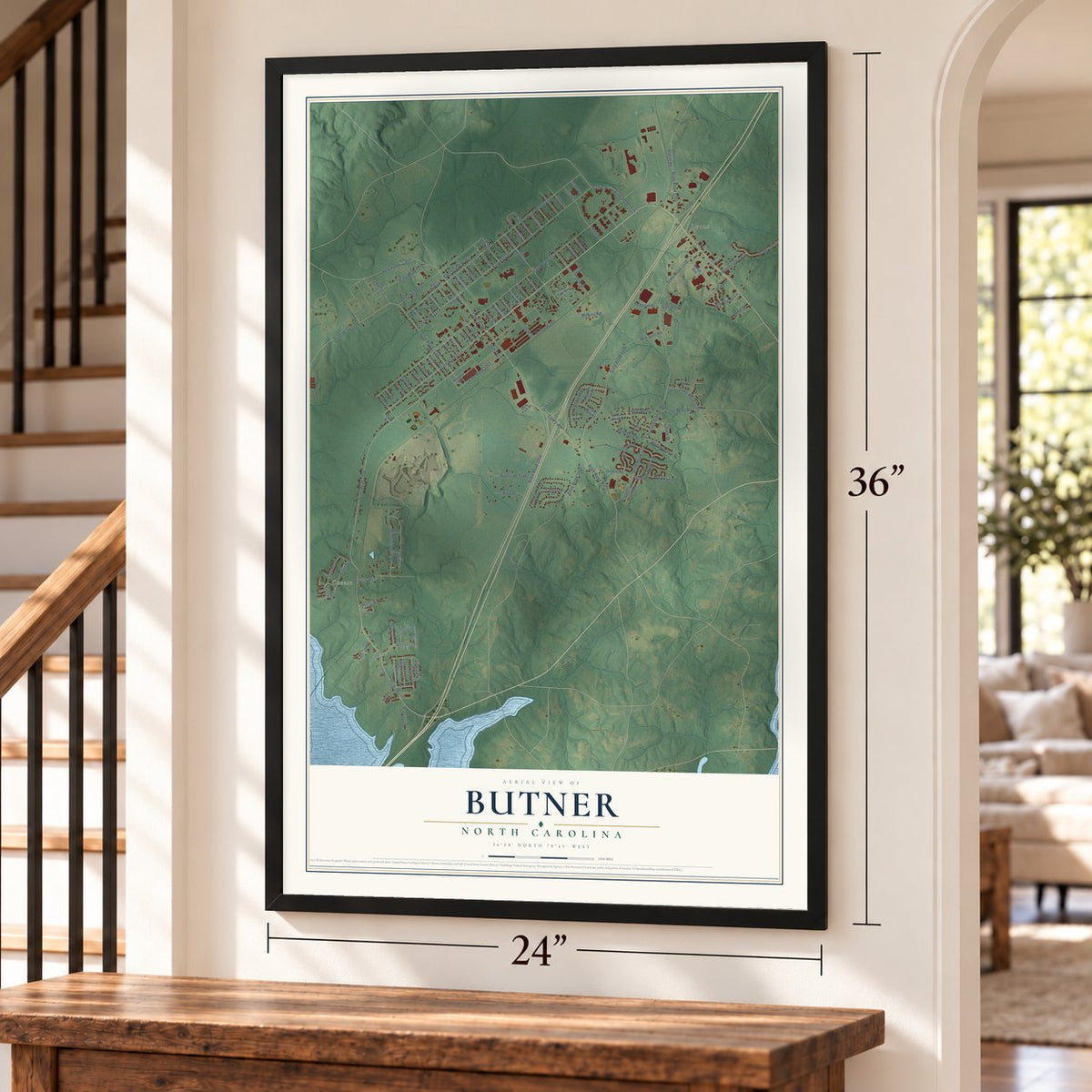Butner, North Carolina map, 24 x 36 inch print in a black frame by a staircase