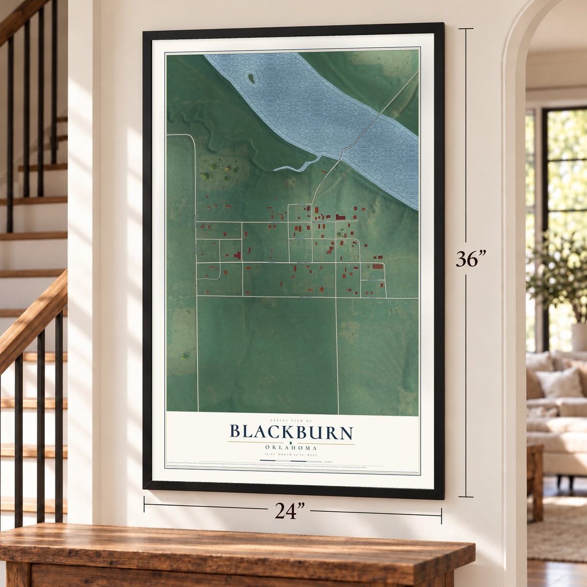 Blackburn, Oklahoma map, 24 x 36 inch print in a black frame by a staircase