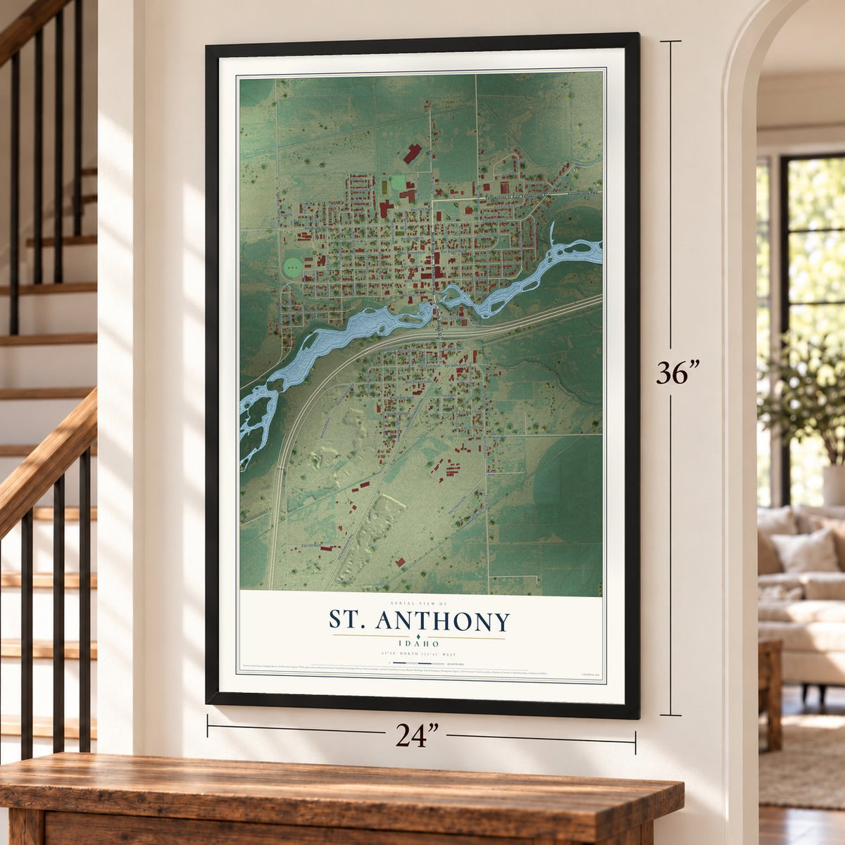 St. Anthony, Idaho map, 24 x 36 inch print in a black frame by a staircase