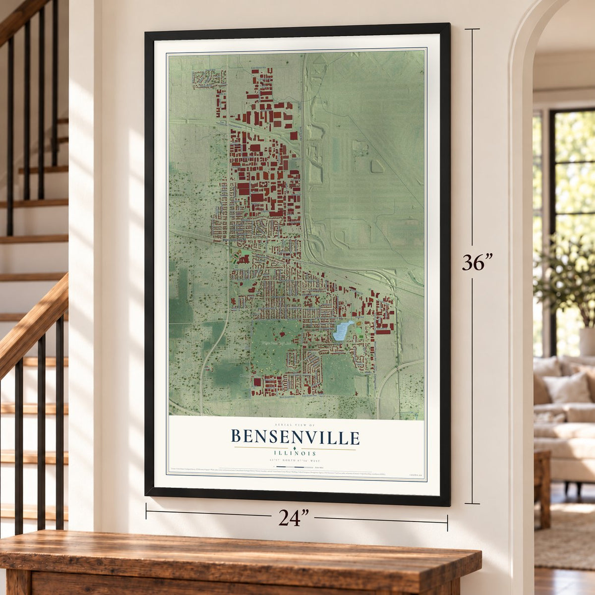 Bensenville, Illinois map, 24 x 36 inch print in a black frame by a staircase