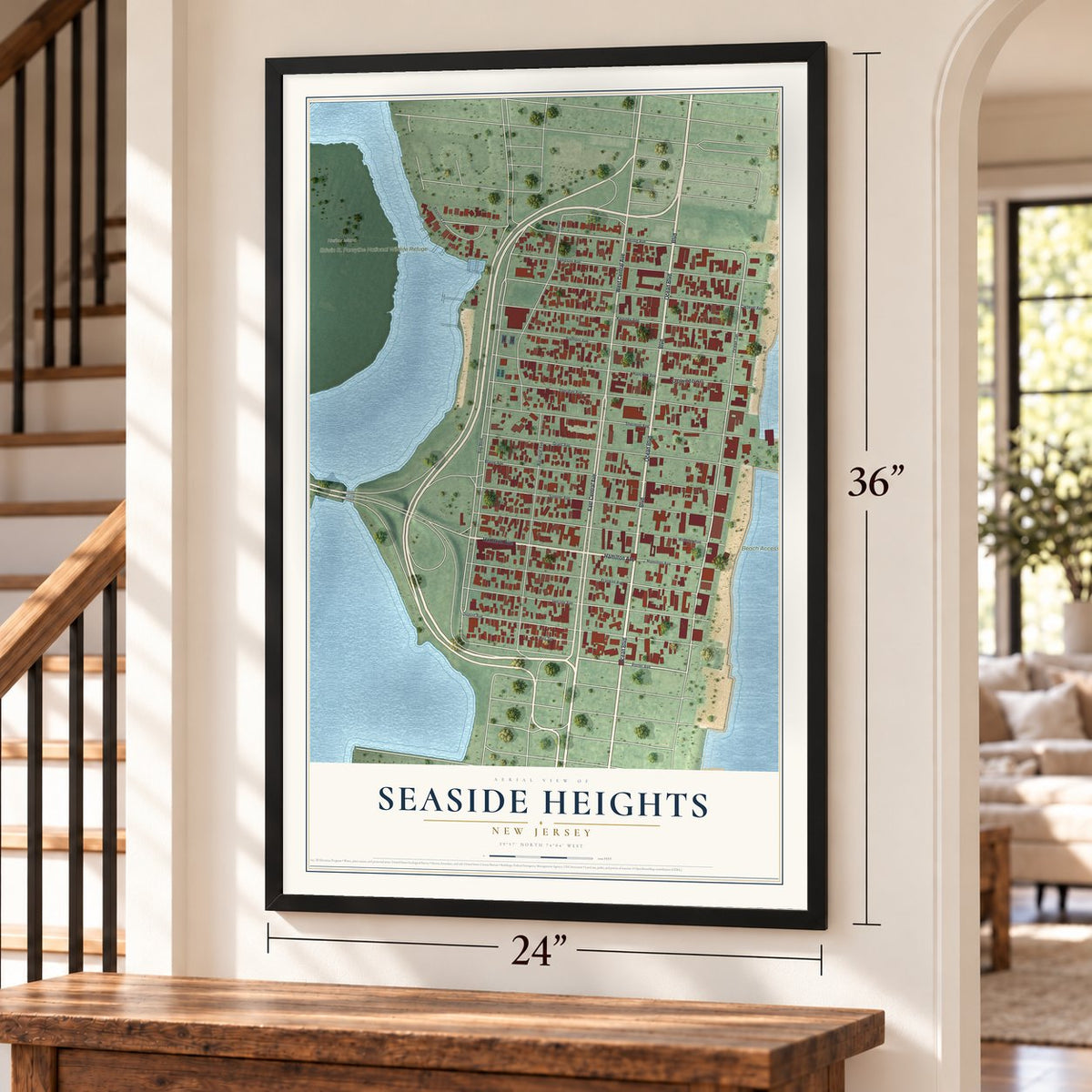 Seaside Heights, New Jersey map, 24 x 36 inch print in a black frame by a staircase