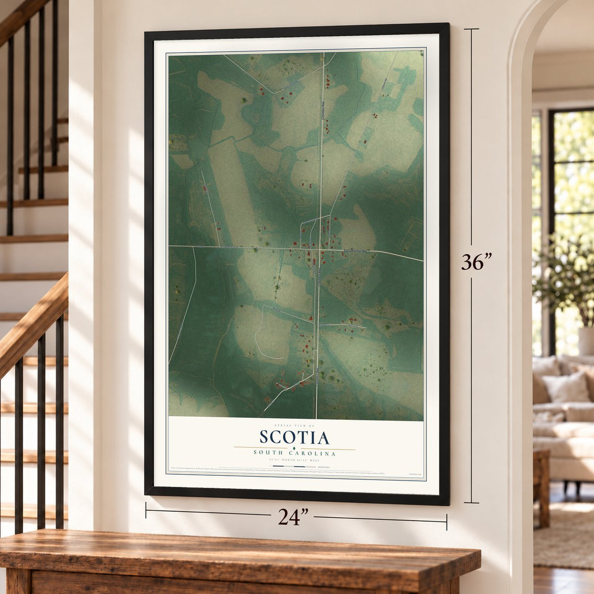 Scotia, South Carolina map, 24 x 36 inch print in a black frame by a staircase