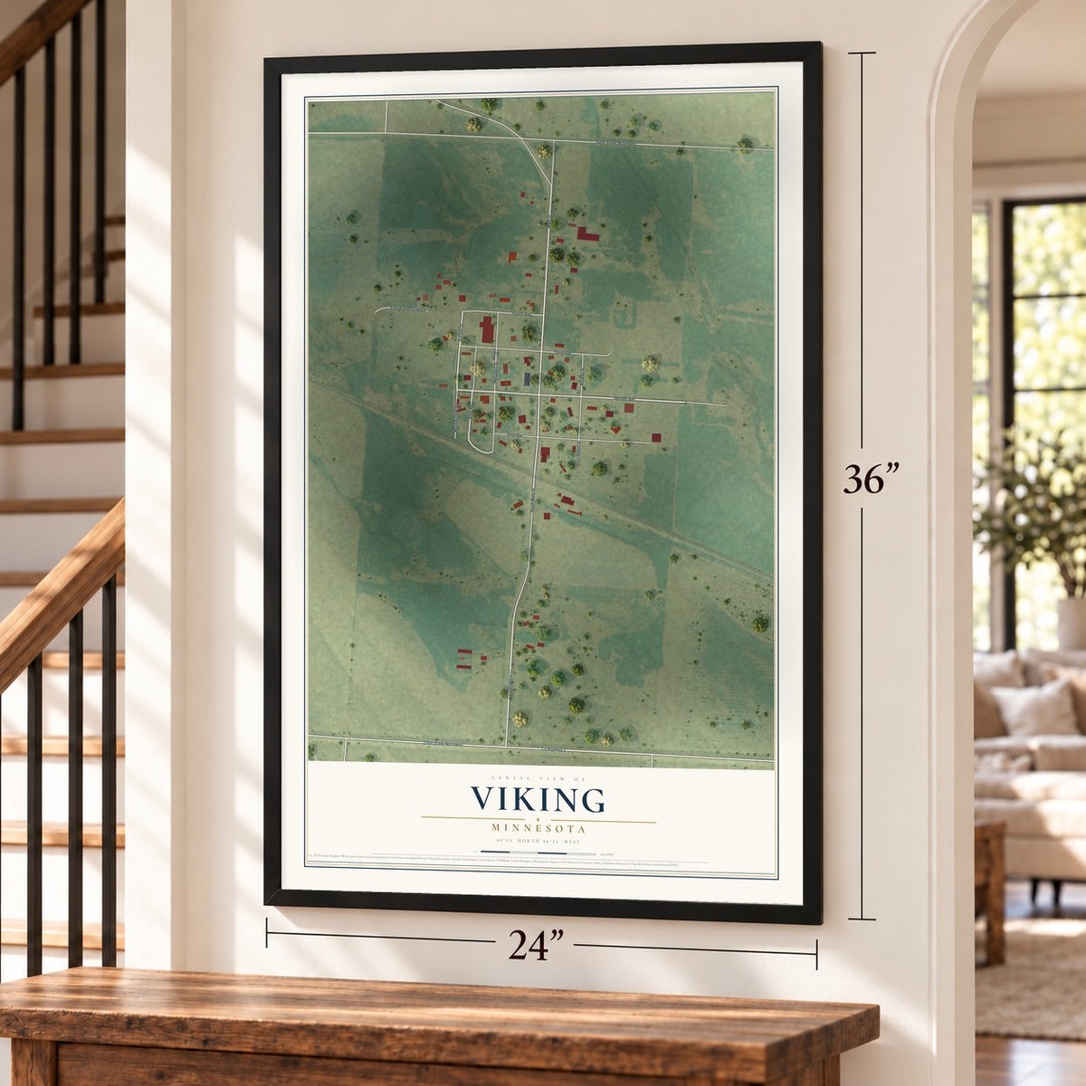 Viking, Minnesota map, 24 x 36 inch print in a black frame by a staircase