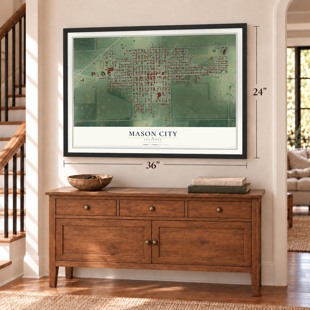 Mason City, Illinois map, 24 x 36 inch print in a black frame above a dresser by a staircase