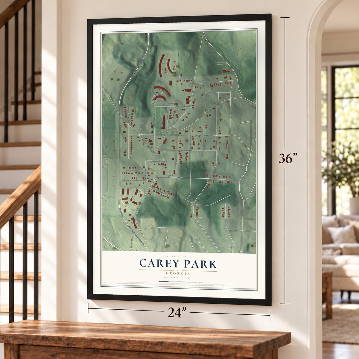 Carey Park, Georgia map, 24 x 36 inch print in a black frame by a staircase
