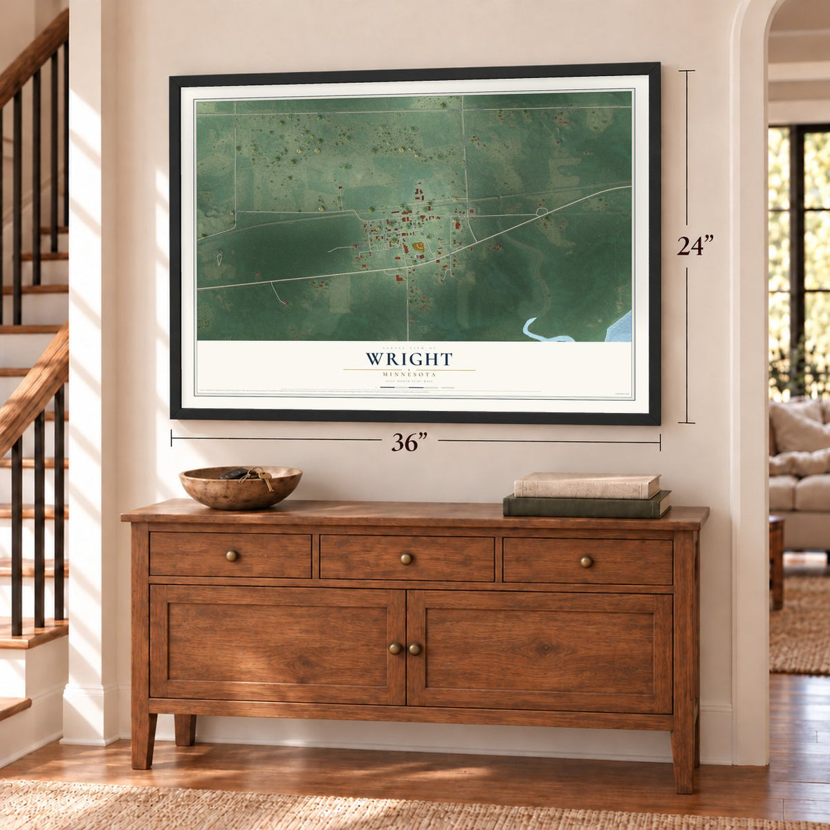 Wright, Minnesota map, 24 x 36 inch print in a black frame above a dresser by a staircase