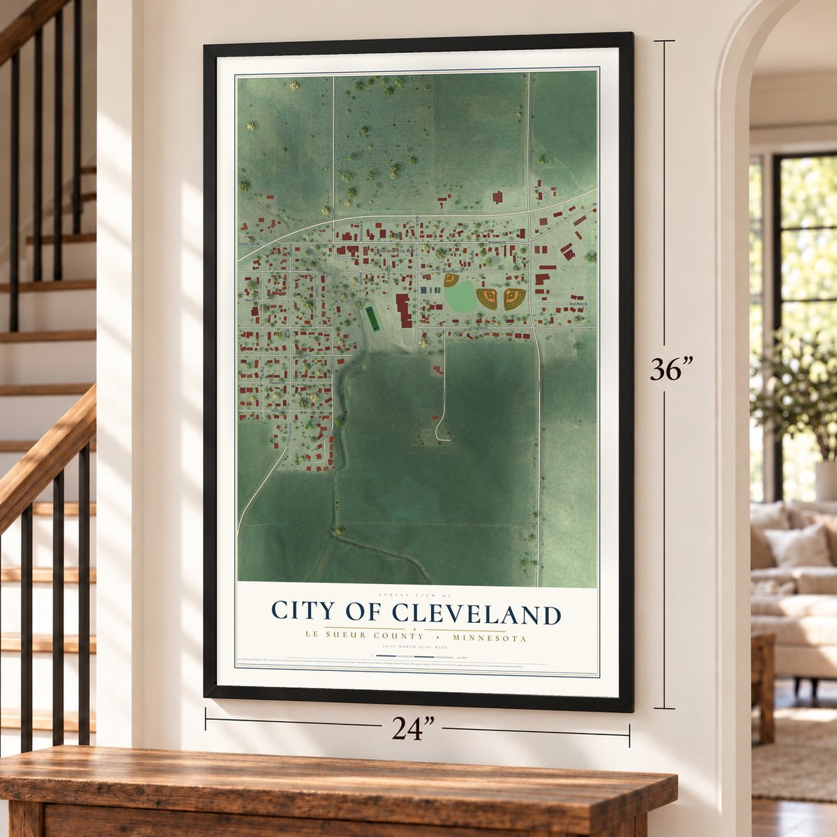 Cleveland, Minnesota map, 24 x 36 inch print in a black frame by a staircase