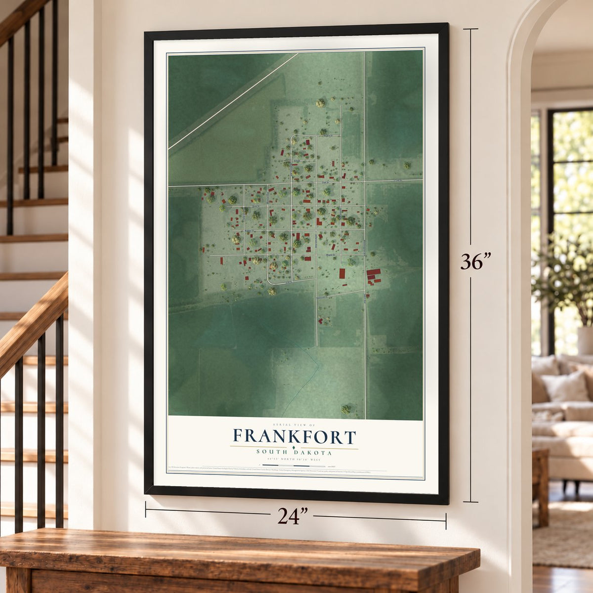 Frankfort, South Dakota map, 24 x 36 inch print in a black frame by a staircase
