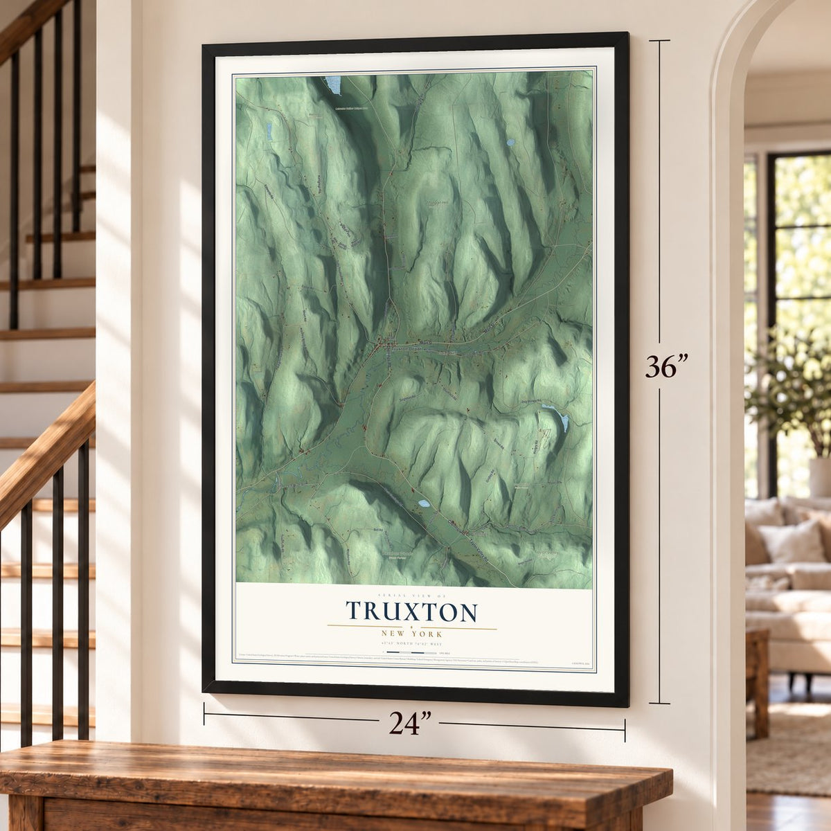 Truxton, New York map, 24 x 36 inch print in a black frame by a staircase