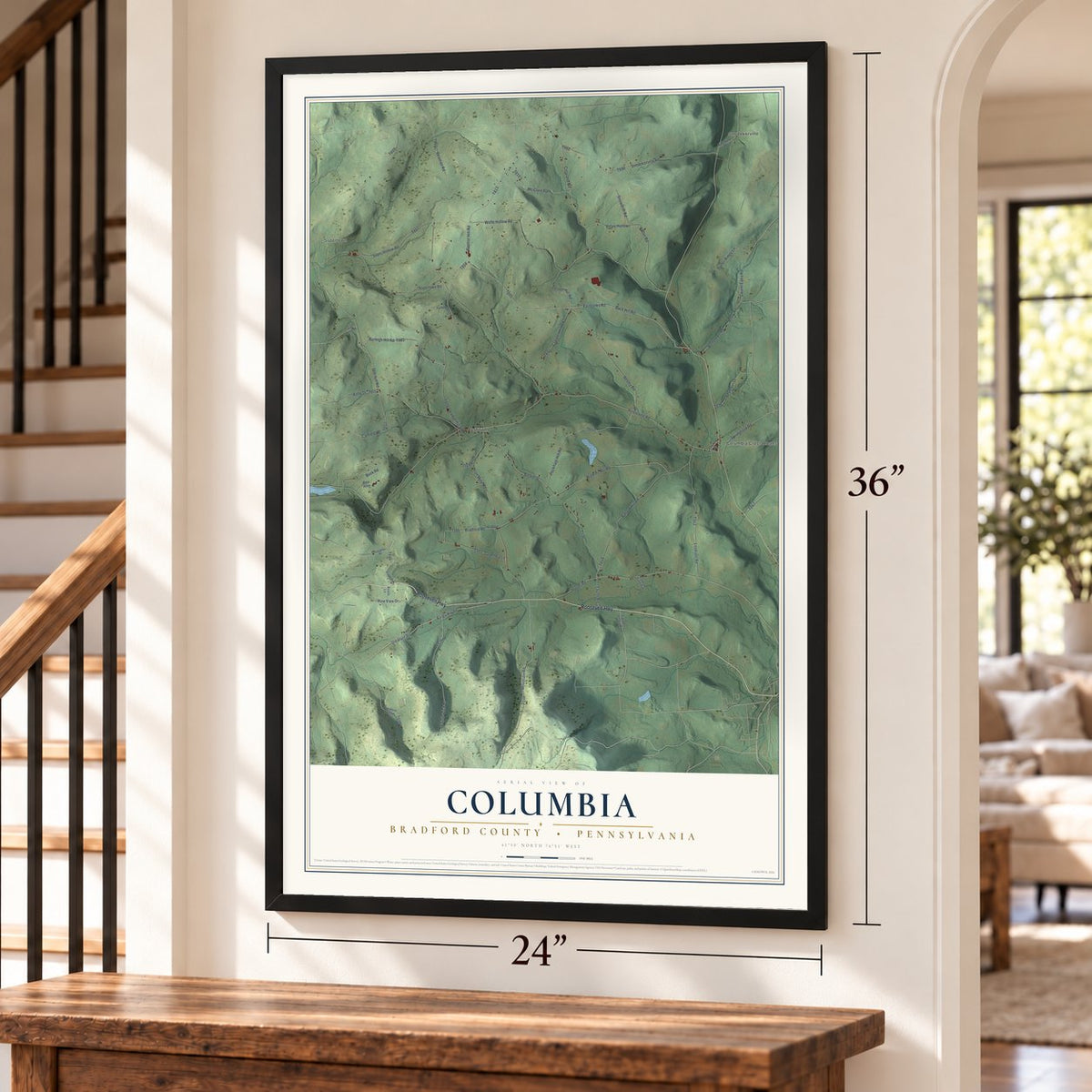 Columbia, Bradford County, Pennsylvania map, 24 x 36 inch print in a black frame by a staircase