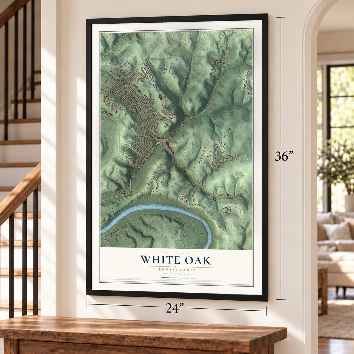 White Oak, Pennsylvania map, 24 x 36 inch print in a black frame by a staircase