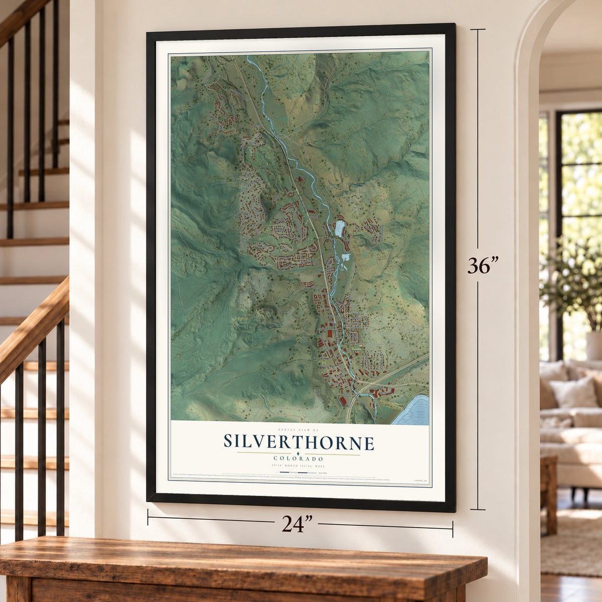 Silverthorne, Colorado map, 24 x 36 inch print in a black frame by a staircase