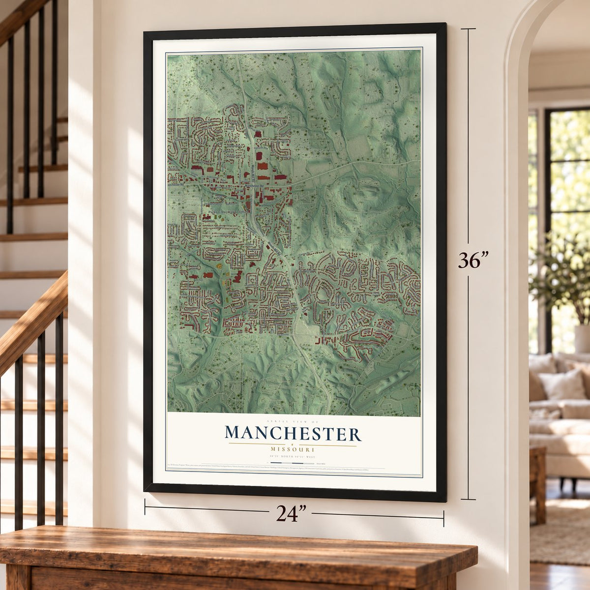 Manchester, Missouri map, 24 x 36 inch print in a black frame by a staircase