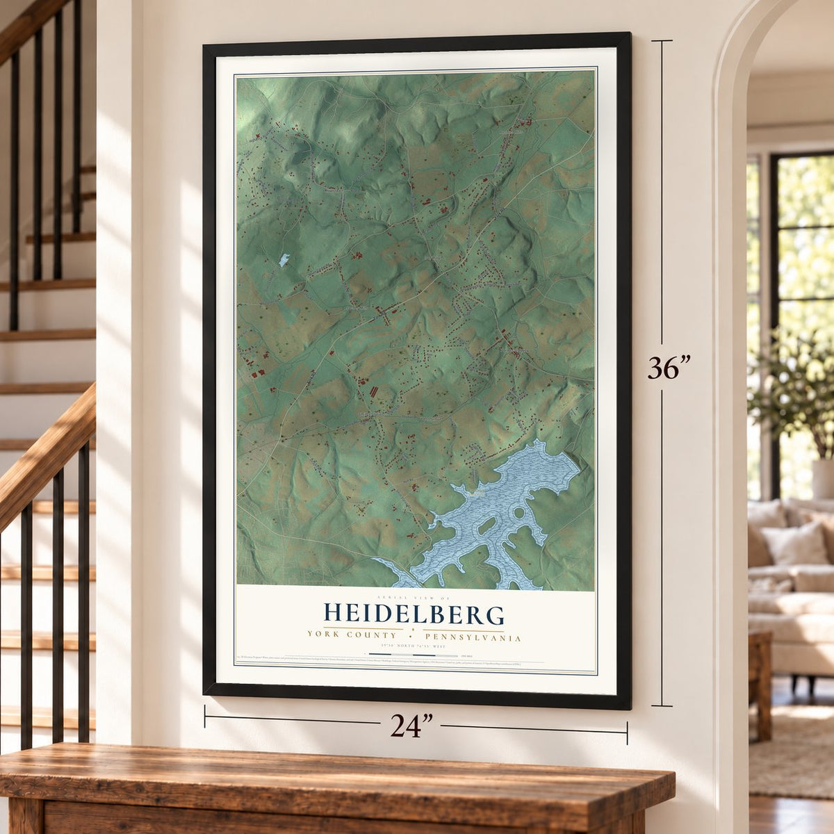 Heidelberg, York County, Pennsylvania map, 24 x 36 inch print in a black frame by a staircase