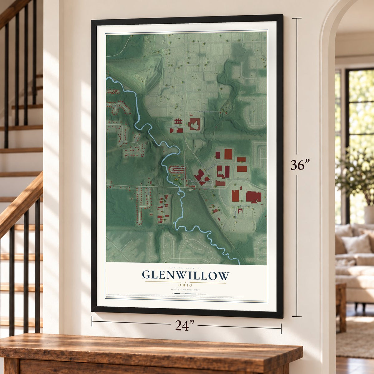 Glenwillow, Ohio map, 24 x 36 inch print in a black frame by a staircase