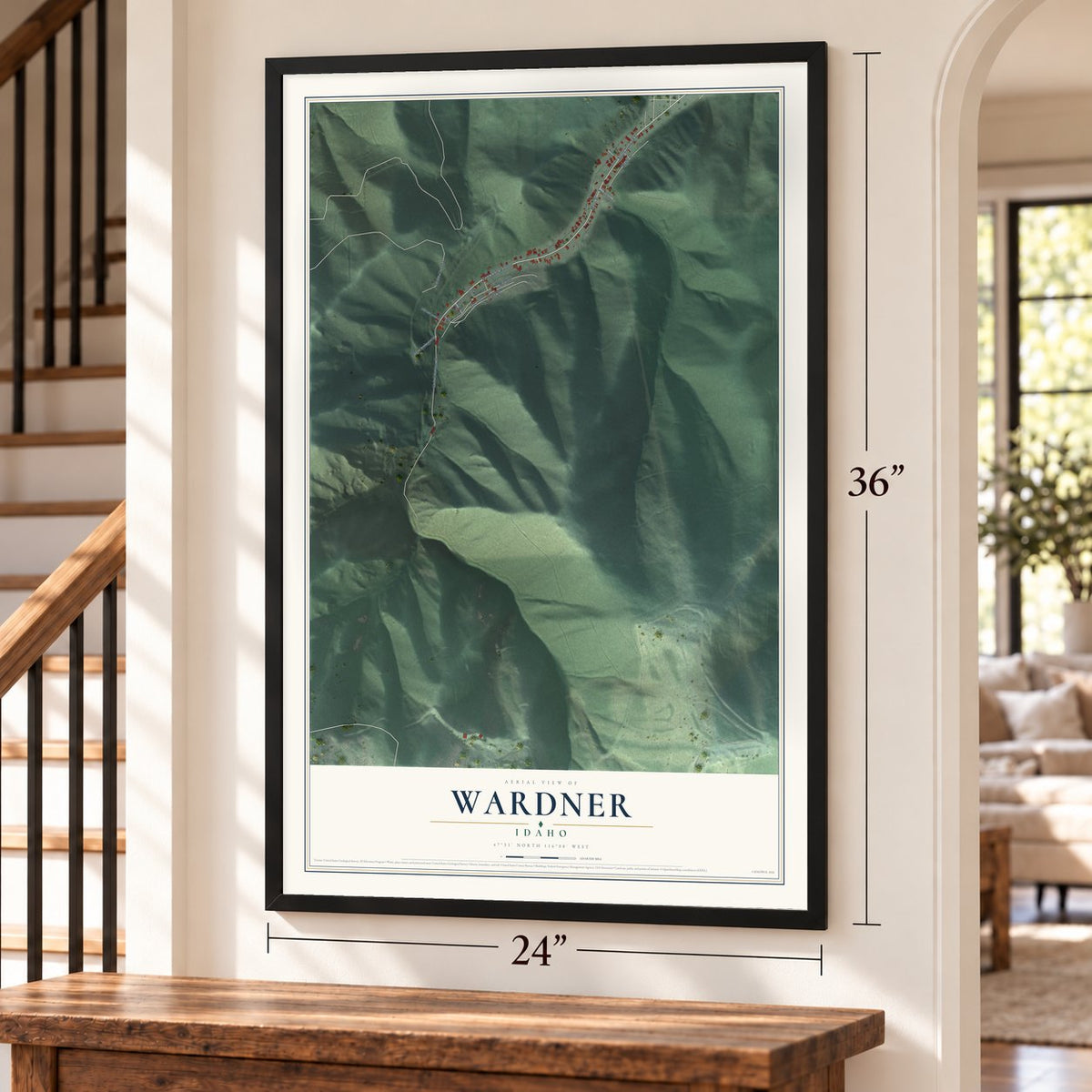 Wardner, Idaho map, 24 x 36 inch print in a black frame by a staircase