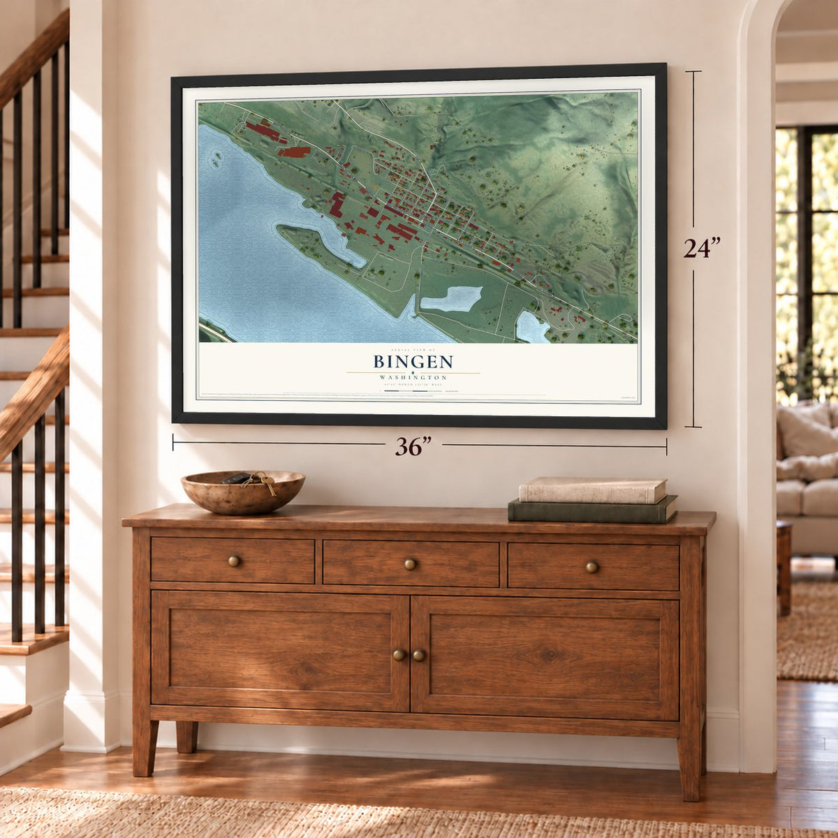 Bingen, Washington map, 24 x 36 inch print in a black frame above a dresser by a staircase