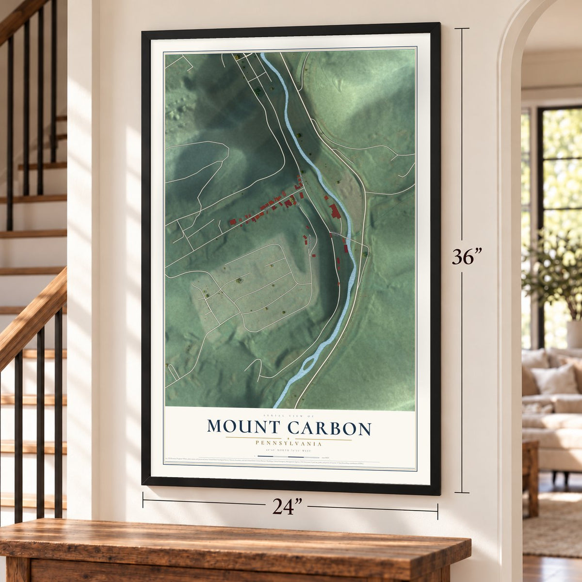 Mount Carbon, Pennsylvania map, 24 x 36 inch print in a black frame by a staircase