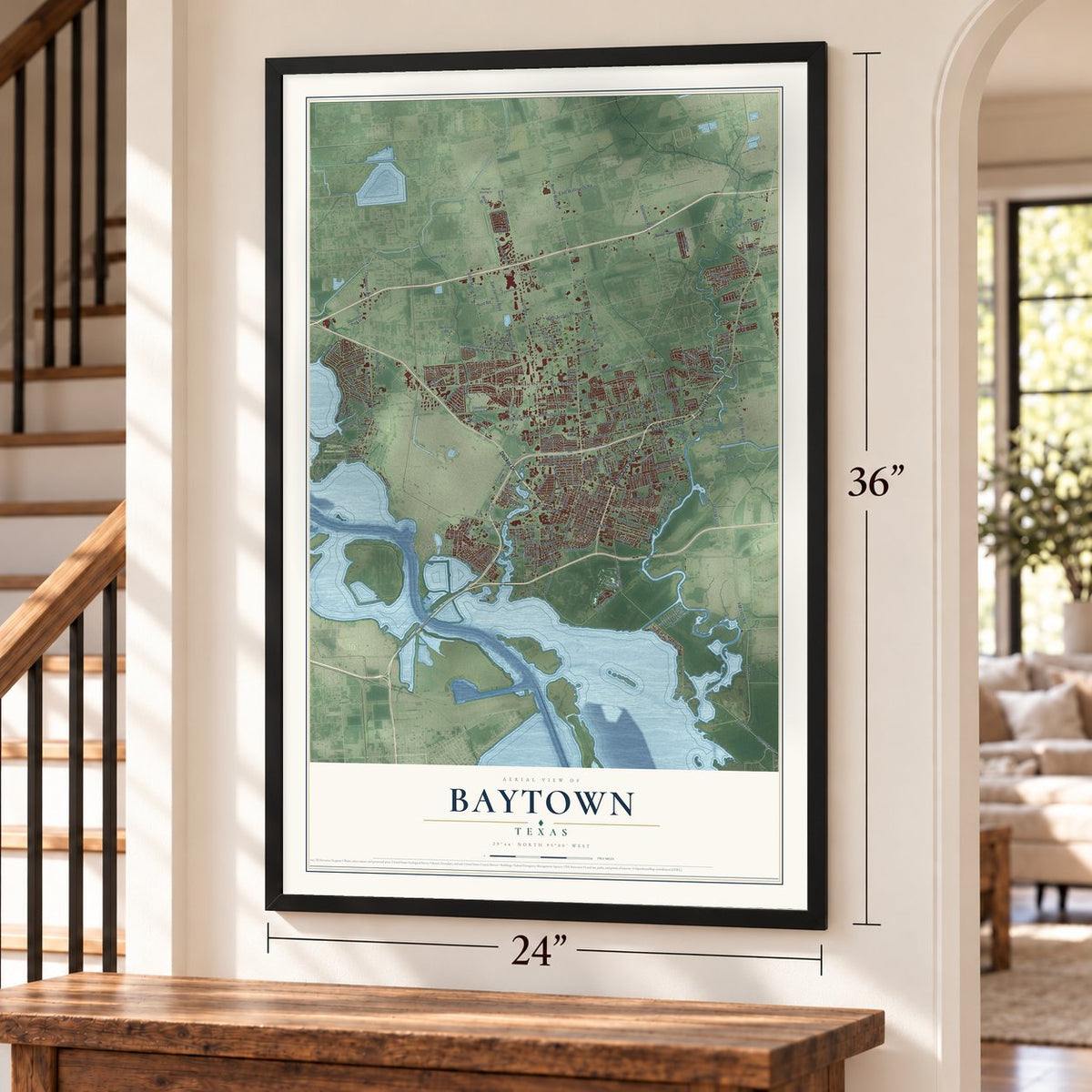 Baytown, Texas map, 24 x 36 inch print in a black frame by a staircase