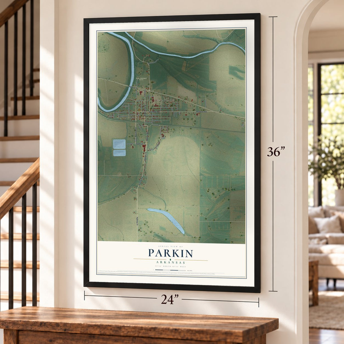 Parkin, Arkansas map, 24 x 36 inch print in a black frame by a staircase