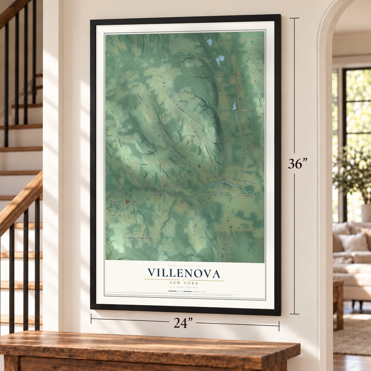 Villenova, New York map, 24 x 36 inch print in a black frame by a staircase