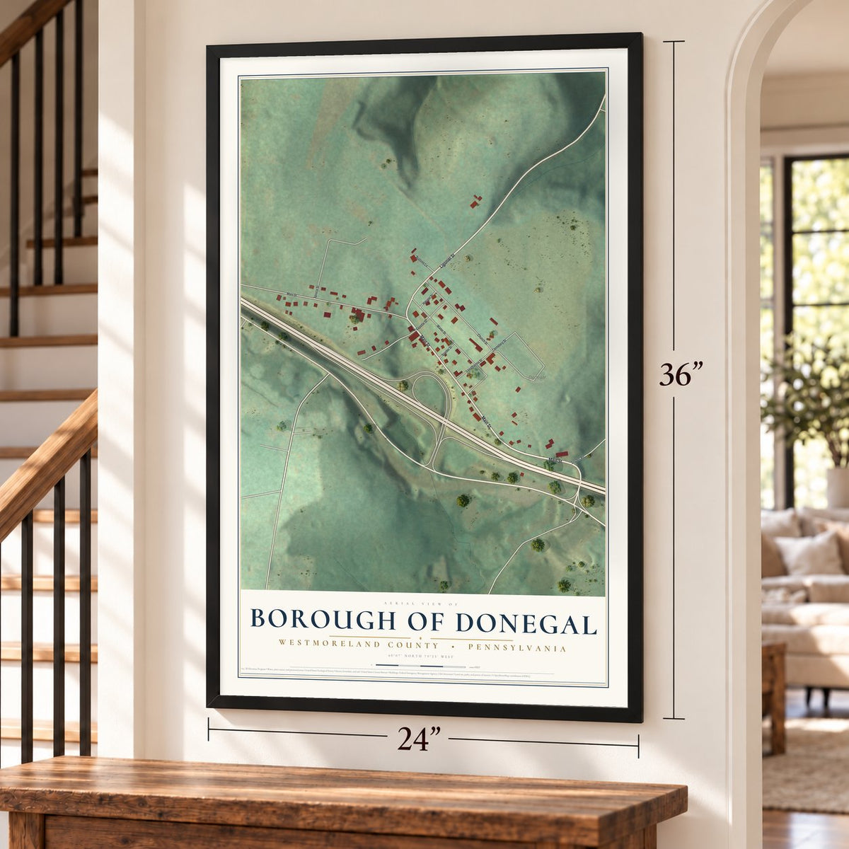 Borough of Donegal, Westmoreland County, Pennsylvania map, 24 x 36 inch print in a black frame by a staircase