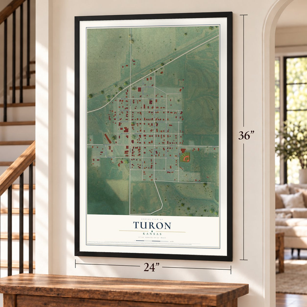 Turon, Kansas map, 24 x 36 inch print in a black frame by a staircase