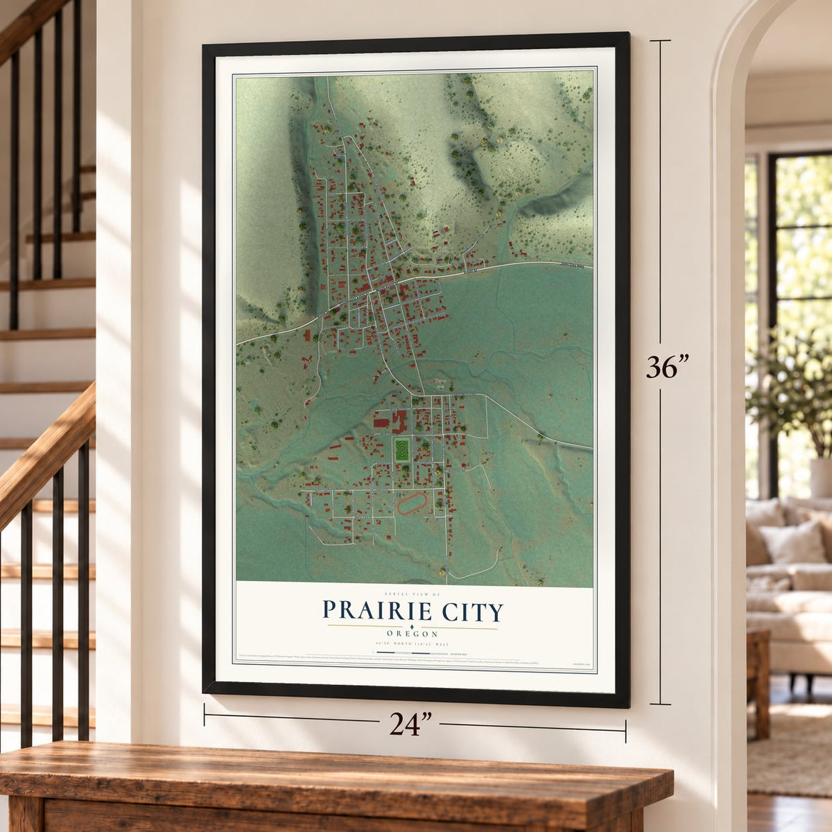 Prairie City, Oregon map, 24 x 36 inch print in a black frame by a staircase