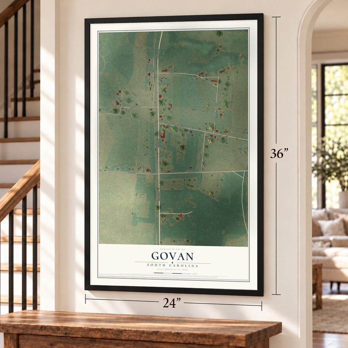 Govan, South Carolina map, 24 x 36 inch print in a black frame by a staircase