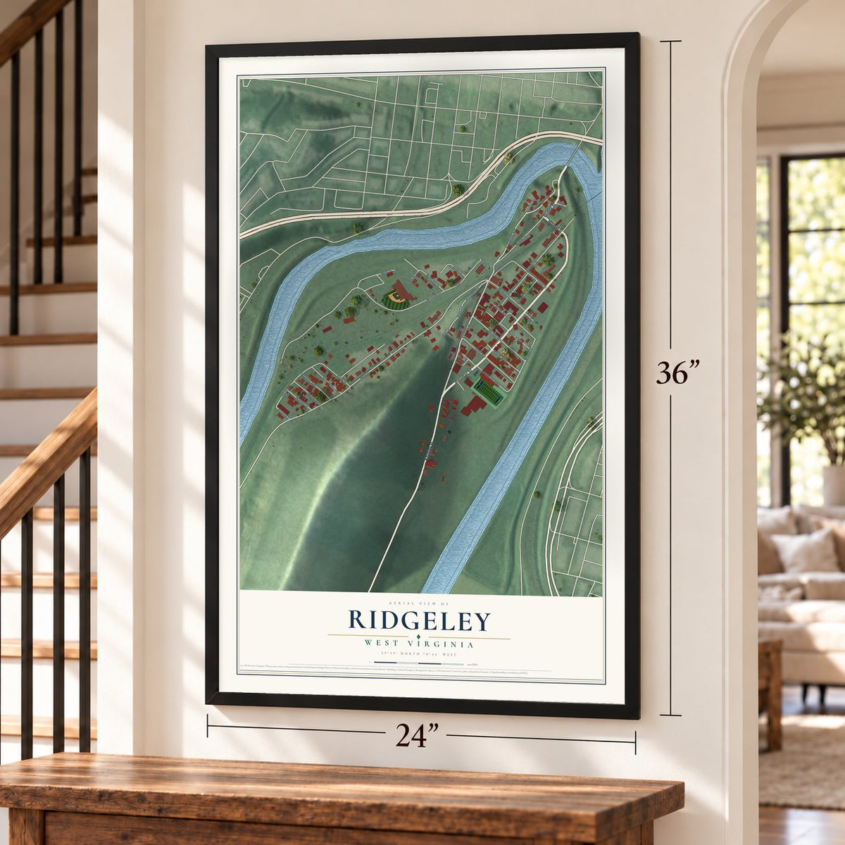 Ridgeley, West Virginia map, 24 x 36 inch print in a black frame by a staircase