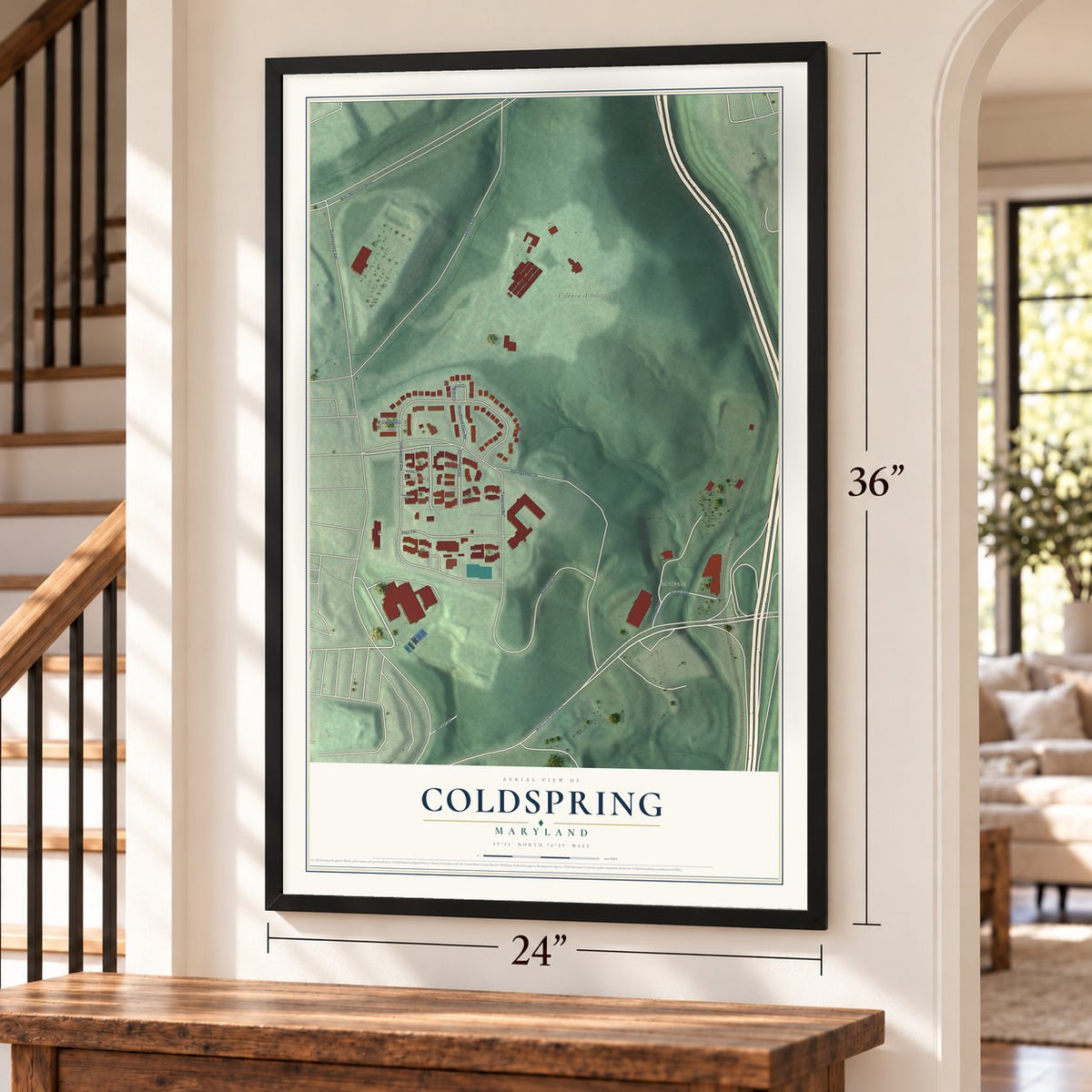 Coldspring, Maryland map, 24 x 36 inch print in a black frame by a staircase