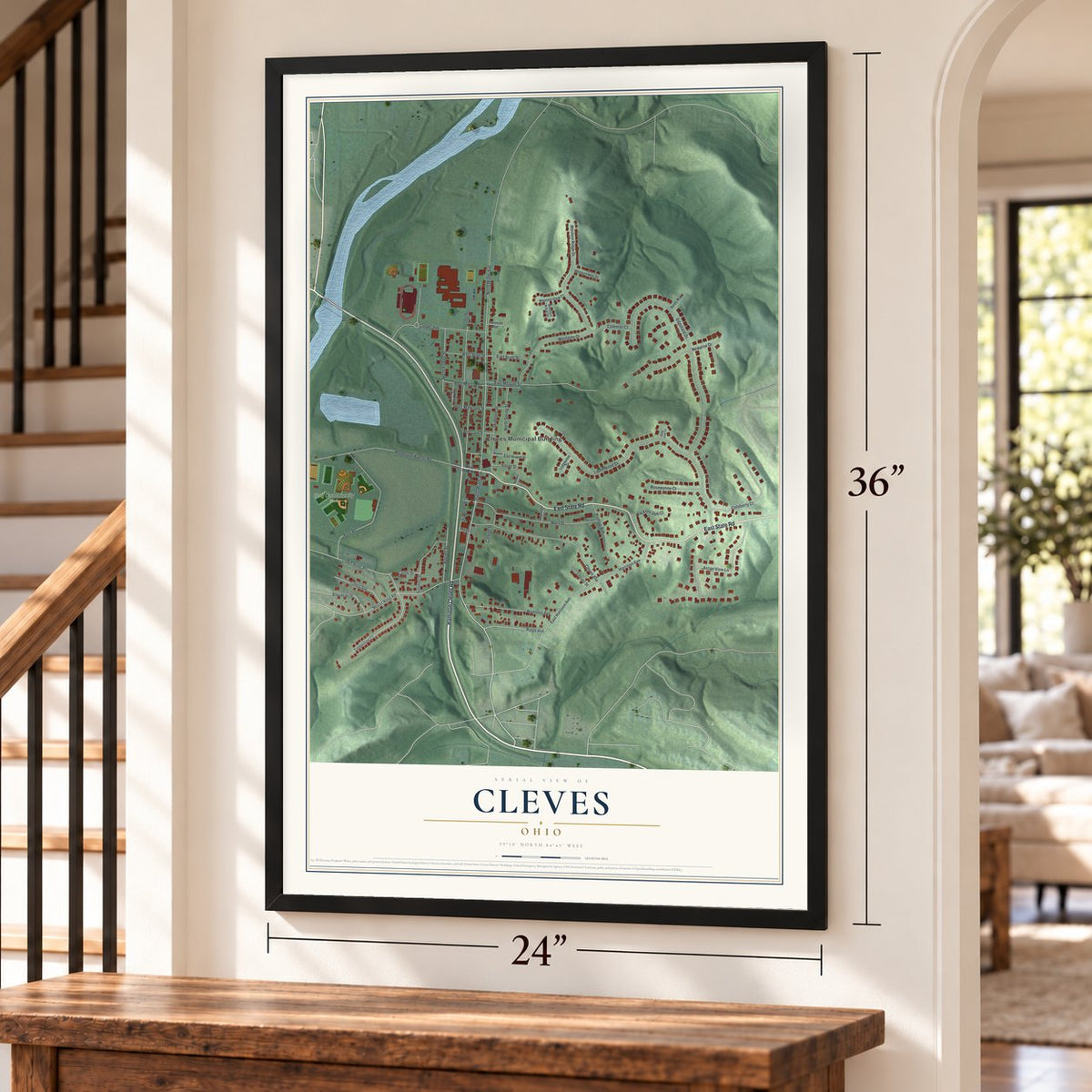 Cleves, Ohio map, 24 x 36 inch print in a black frame by a staircase