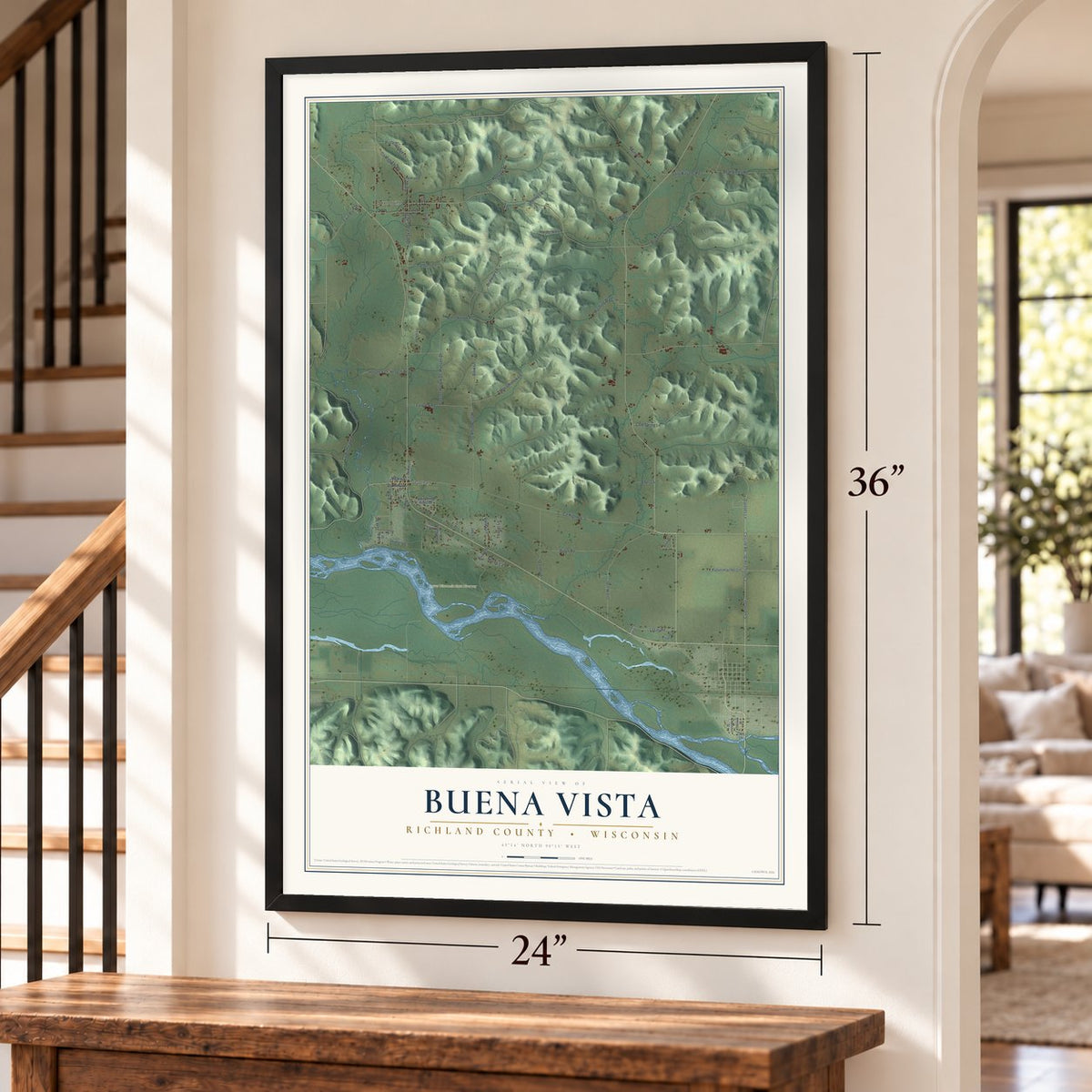 Buena Vista, Richland County, Wisconsin map, 24 x 36 inch print in a black frame by a staircase