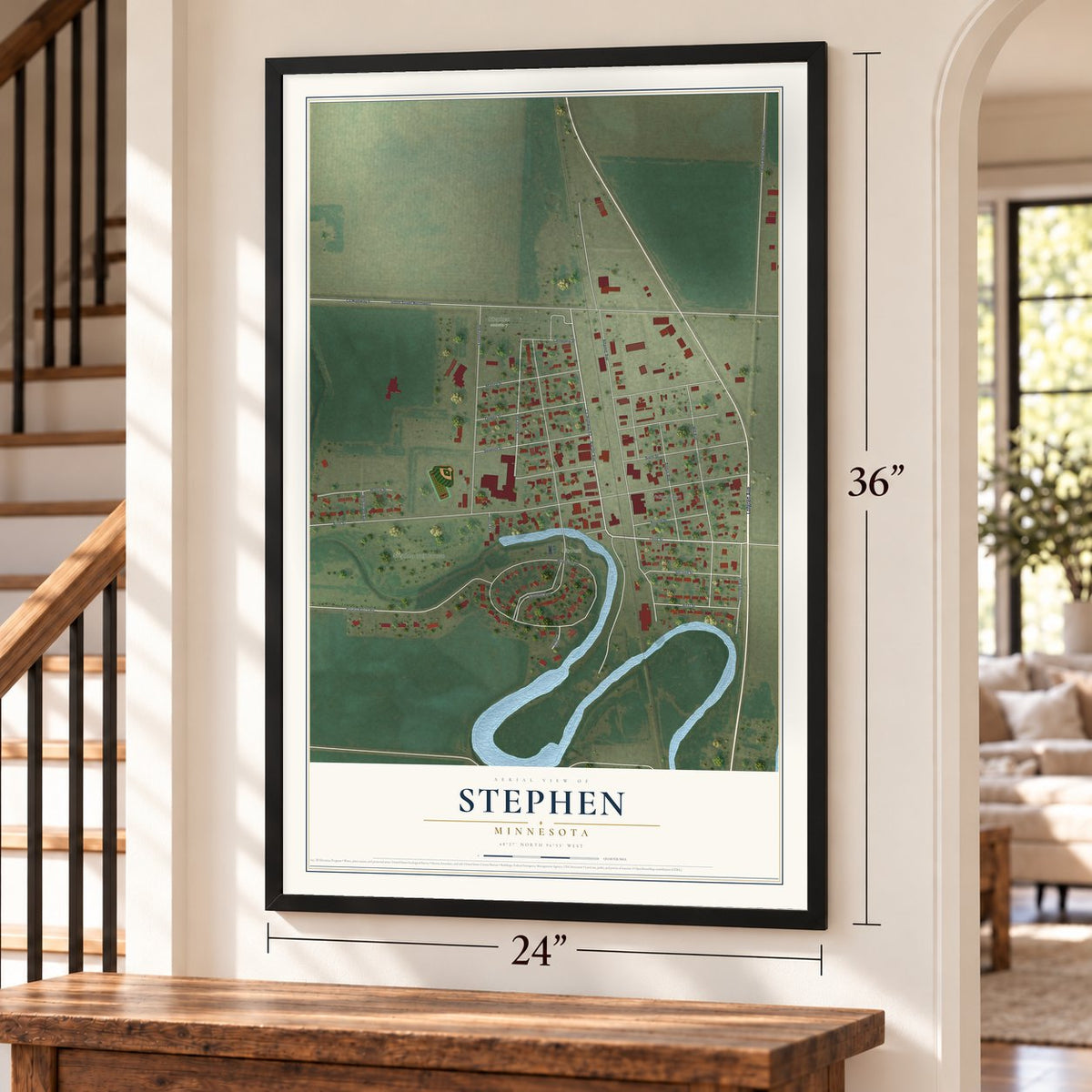 Stephen, Minnesota map, 24 x 36 inch print in a black frame by a staircase