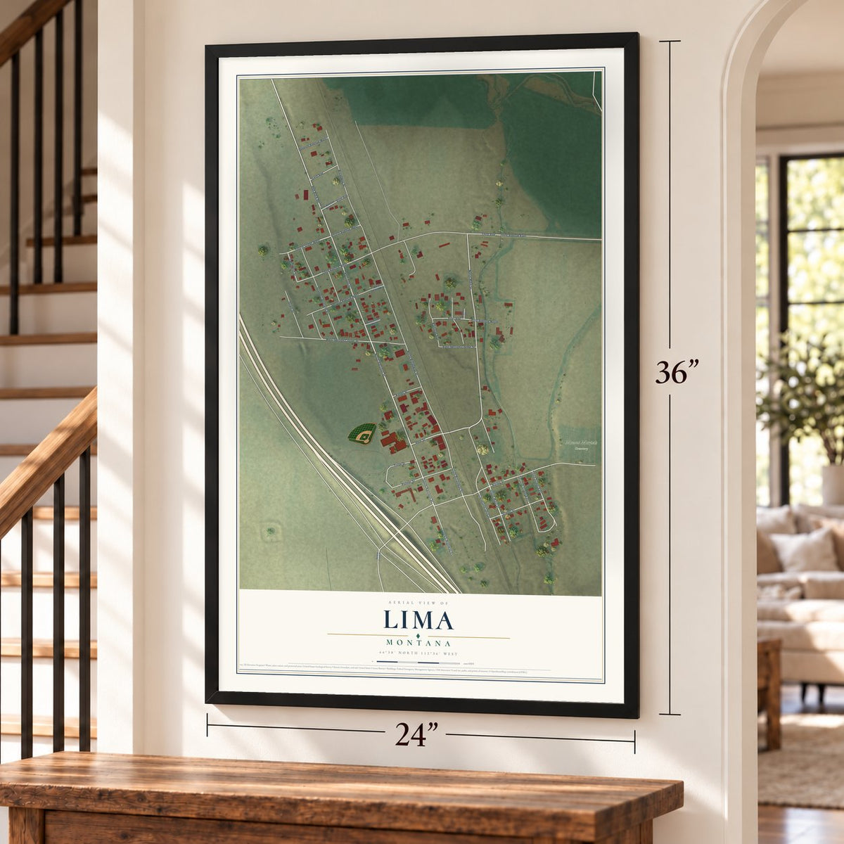 Lima, Montana map, 24 x 36 inch print in a black frame by a staircase