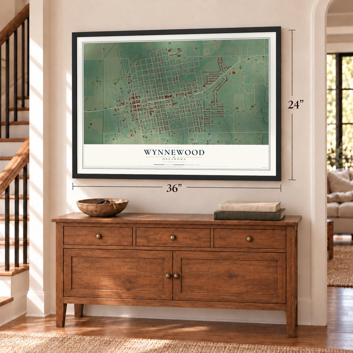 Wynnewood, Oklahoma map, 24 x 36 inch print in a black frame above a dresser by a staircase