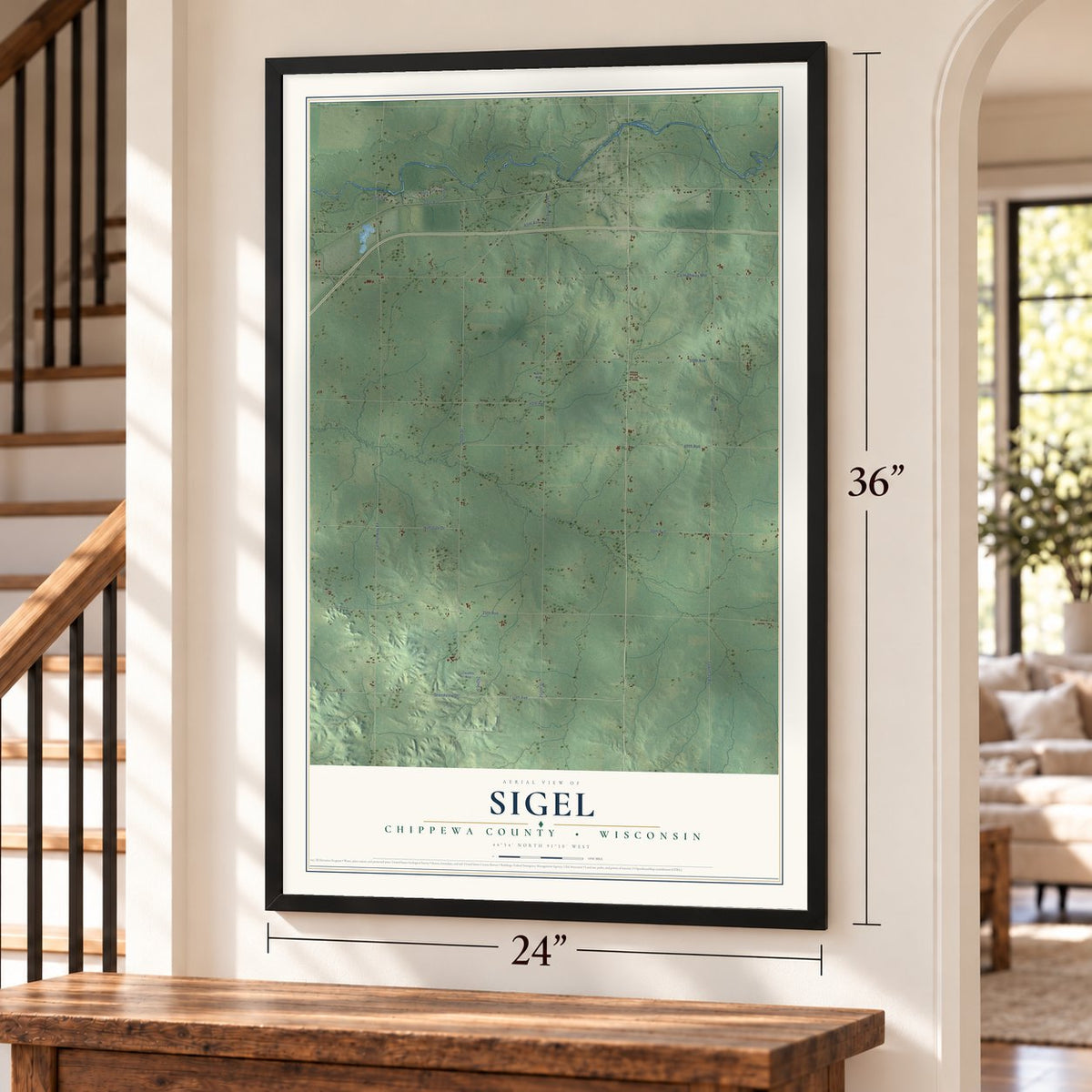 Sigel, Chippewa County, Wisconsin map, 24 x 36 inch print in a black frame by a staircase