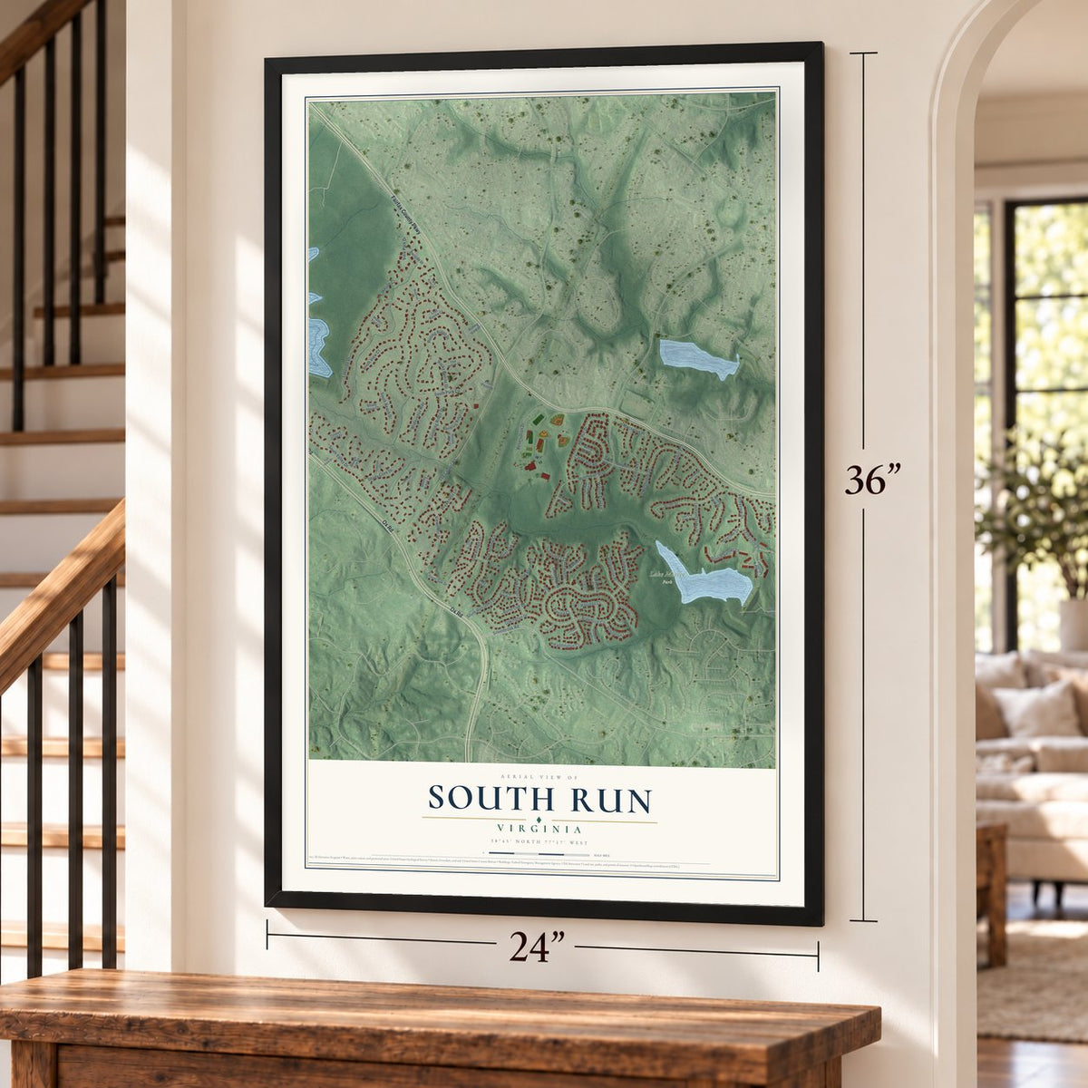 South Run, Virginia map, 24 x 36 inch print in a black frame by a staircase