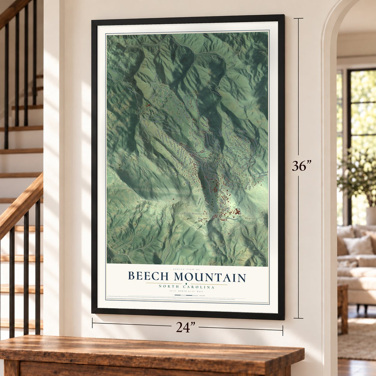 Beech Mountain, North Carolina map, 24 x 36 inch print in a black frame by a staircase