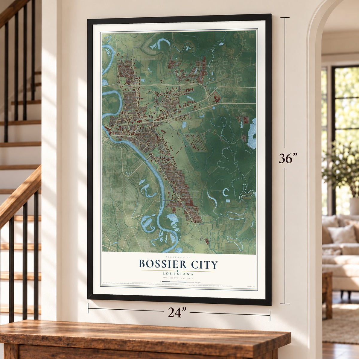 Bossier City, Louisiana map, 24 x 36 inch print in a black frame by a staircase